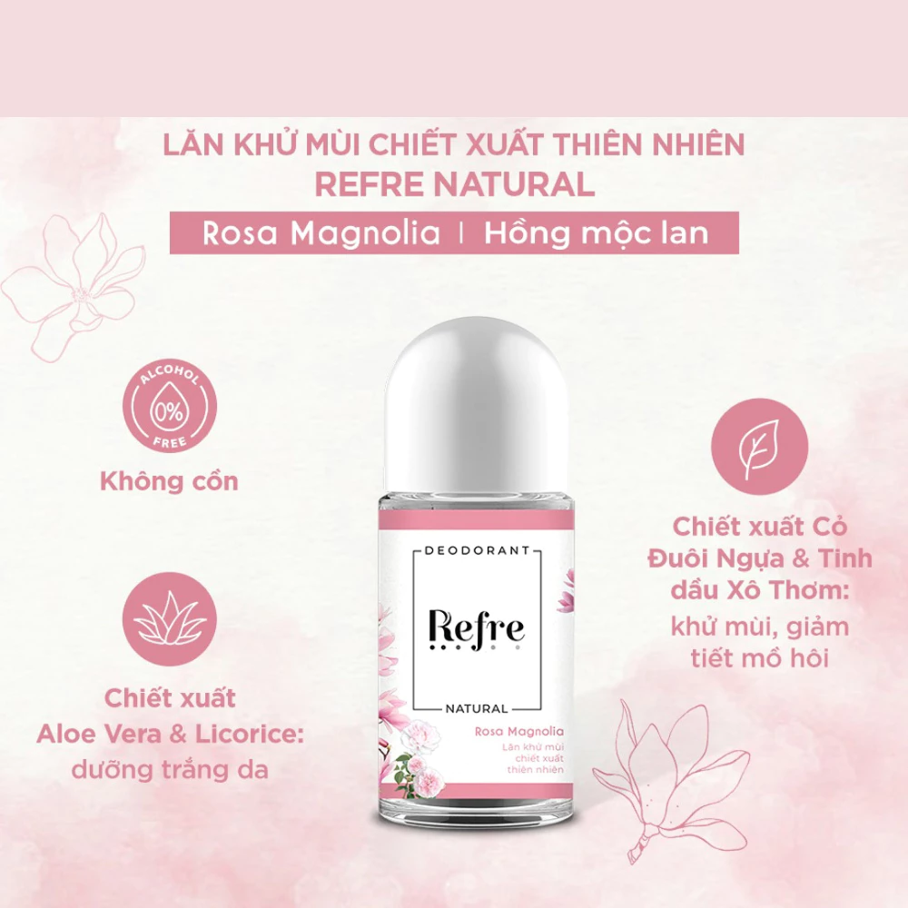 Lăn khử mùi Refre Natural hương trà xanh/Chiết xuất hương thảo/Chiết xuất hương gỗ/Hương hồng mộc lan 40ml
