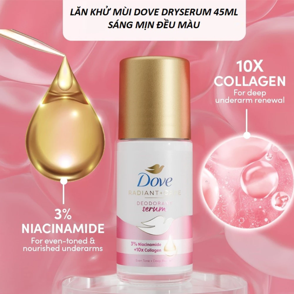 Lăn ngăn mùi Dove tinh chất serum thu nhỏ lỗ chân lông/sáng mịn đều màu 45ml