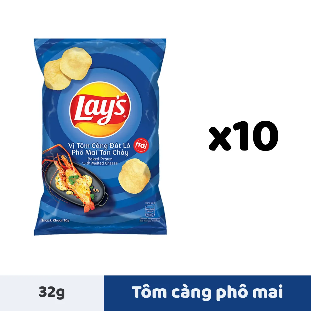 Lốc 10 gói snack khoai tây Lay's Wavy tôm càng phô mai 32g