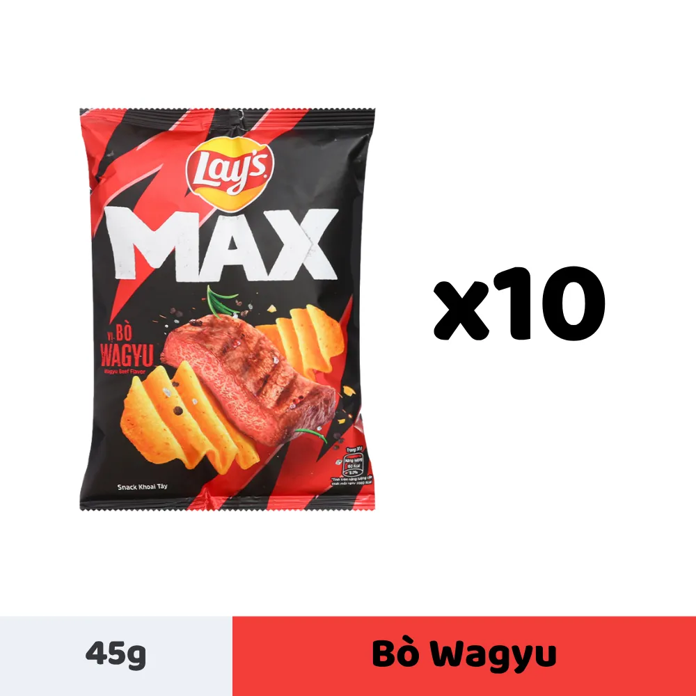 Lốc 10 gói snack khoai tây Lay's Max vị bò Wagyu 45g