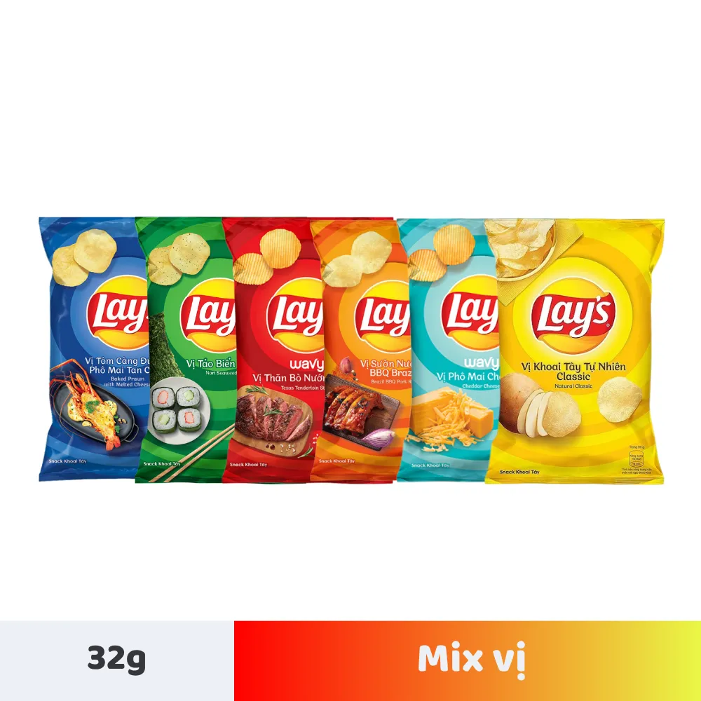 Lốc 10 gói snack khoai tây Lay's mix vị 32g