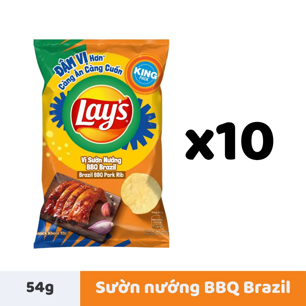 Lốc 10 gói snack khoai tây Lay's vị sườn nướng BBQ Brazil 54g