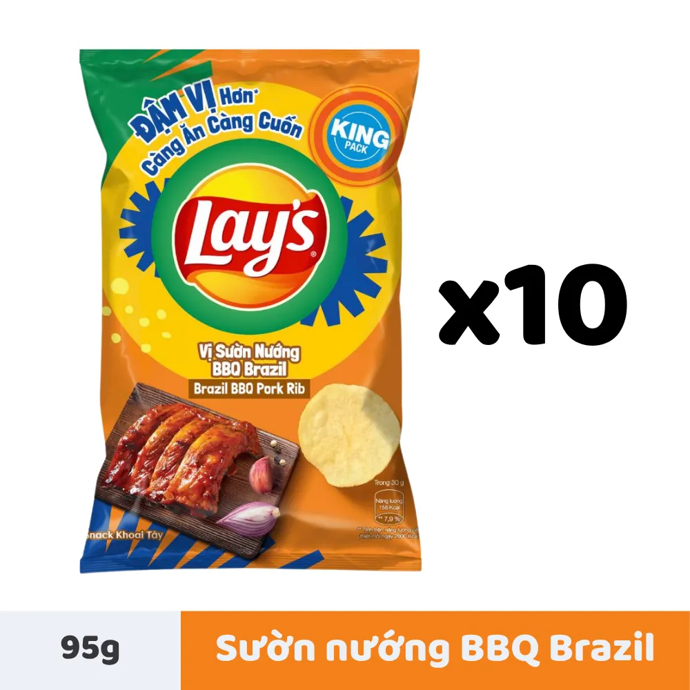 Lốc 10 gói snack khoai tây Lay's vị sườn nướng BBQ Brazil 95g