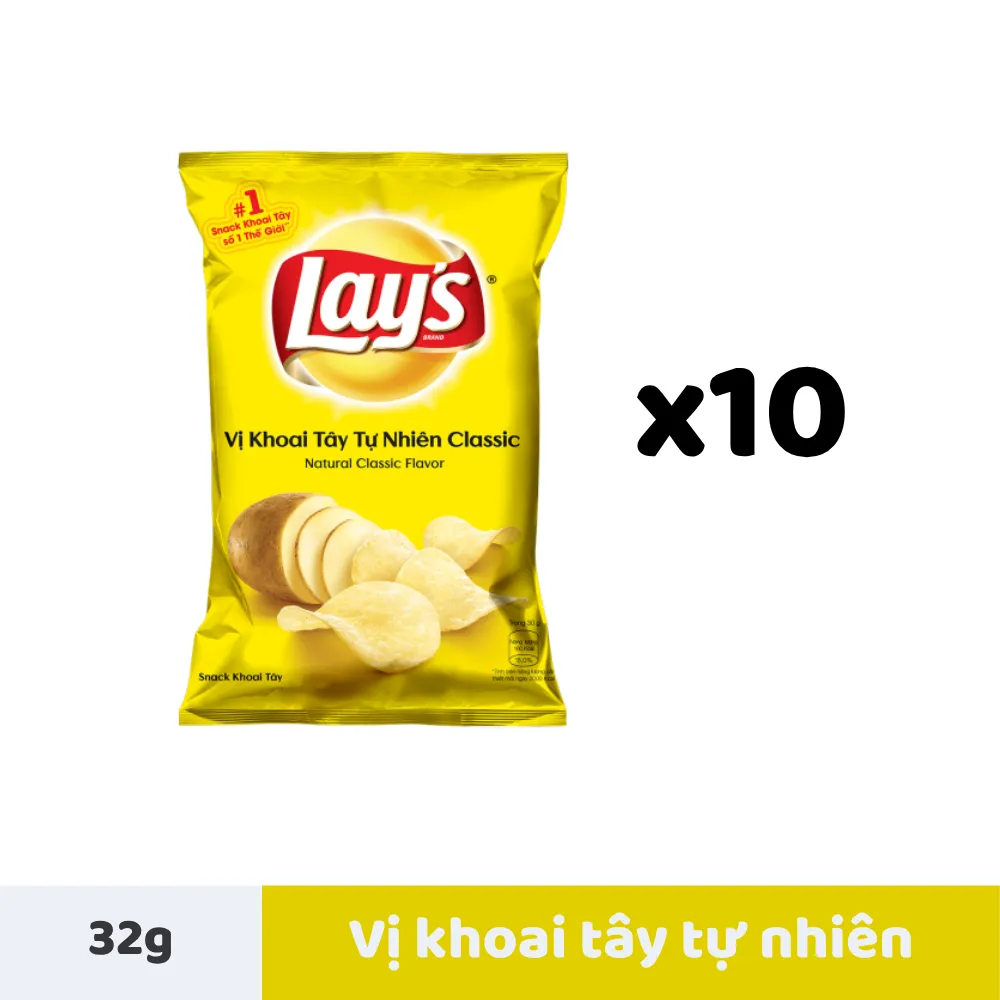 Lốc 10 gói snack khoai tây Lay's vị tự nhiên 32g