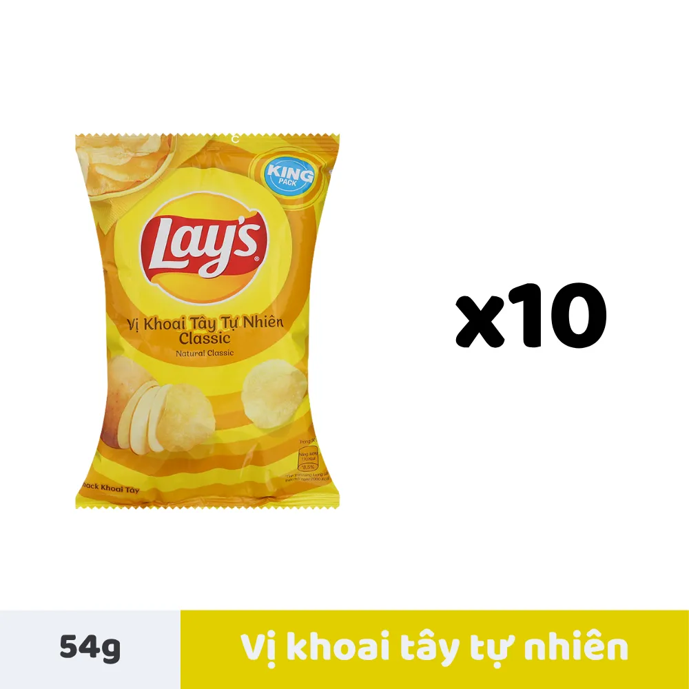 Lốc 10 gói snack khoai tây Lay's vị tự nhiên 54g