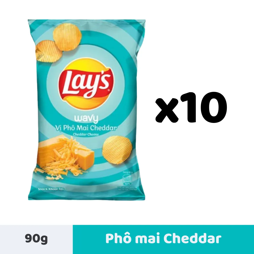 Lốc 10 gói snack khoai tây Lay's Wavy vị phô mai Cheddar 90g