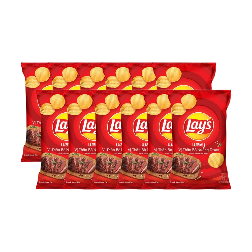 Lốc 10 gói snack khoai tây Lay's Wavy vị thăn bò nướng Texas 32g