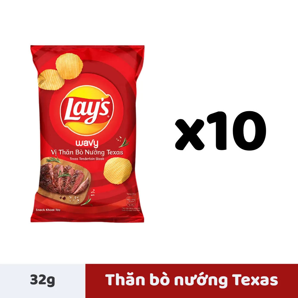 Lốc 10 gói snack khoai tây Lay's Wavy vị thăn bò nướng Texas 32g