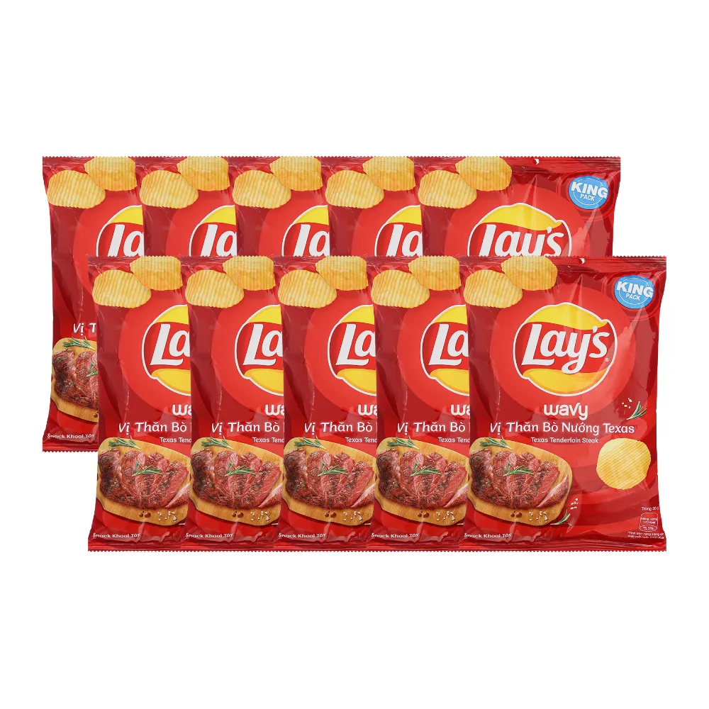 Lốc 10 gói snack khoai tây Lay's Wavy vị thăn bò nướng Texas 54g