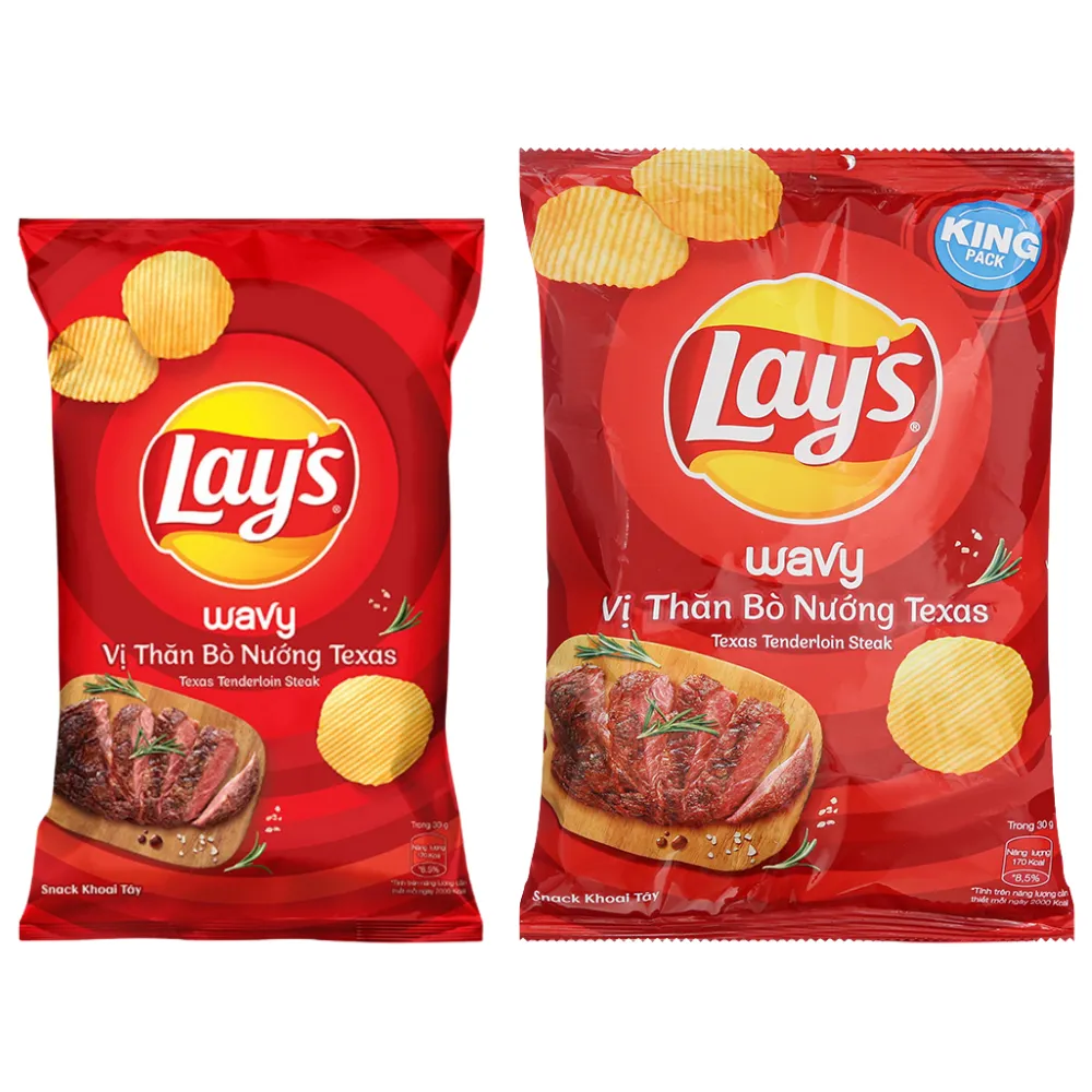 Lốc 10 gói snack khoai tây Lay's Wavy vị thăn bò nướng Texas 54g