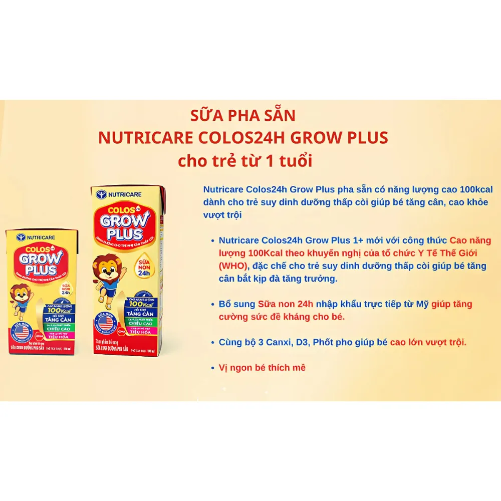 Lốc 4 hộp sữa bột pha sẵn Colos 24h Grow Plus 110ml