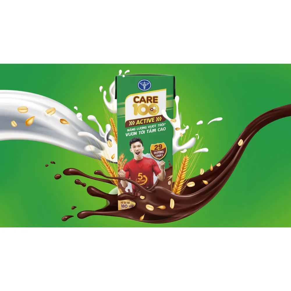 Lốc 4 hộp sữa cacao lúa mạch Care 100 Active 180ml