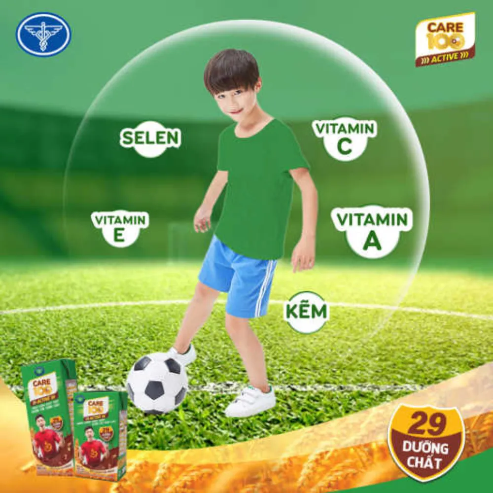 Lốc 4 hộp sữa cacao lúa mạch Care 100 Active 180ml