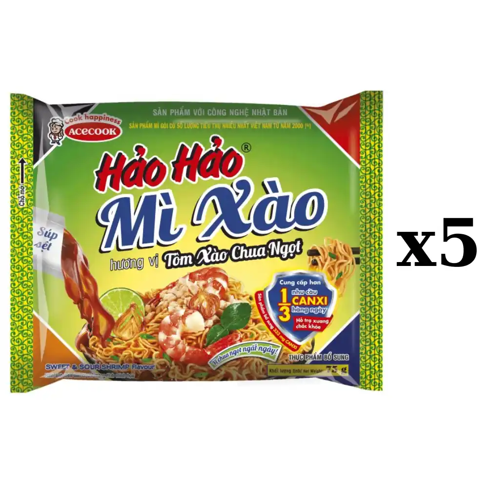 Lốc 5 gói mì xào khô Hảo Hảo tôm chua ngọt/tôm hành gói 75g