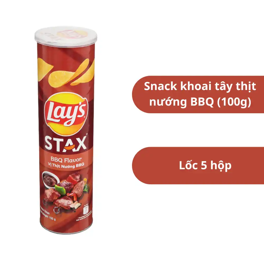 Lốc 5 hộp snack khoai tây Lay's Stax vị thịt nướng BBQ 100g