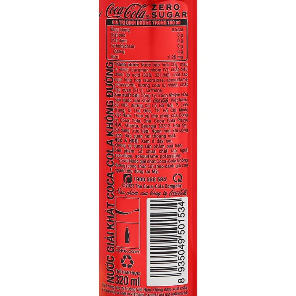 Lốc 6 chai nước ngọt Coca Cola zero sugar 320ml