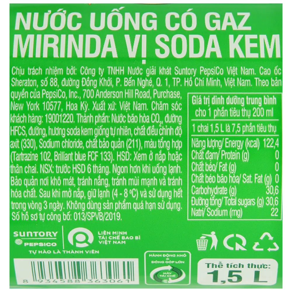 Lốc 6 chai nước ngọt Mirinda soda kem 1.5L