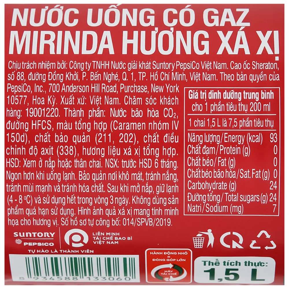 Lốc 6 chai nước ngọt Mirinda xá xị 1.5L
