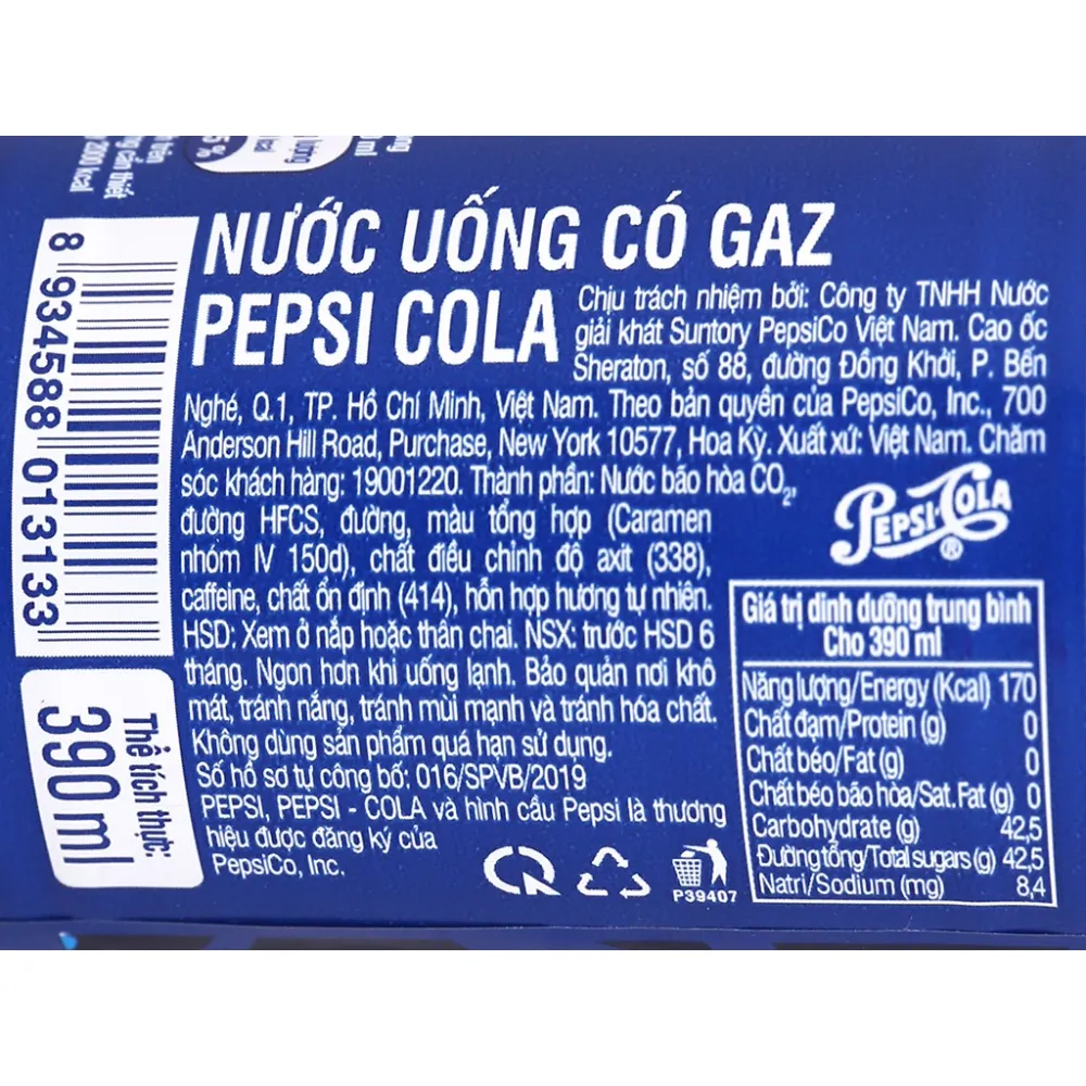 Lốc 6 chai nước ngọt Pepsi Cola 390ml
