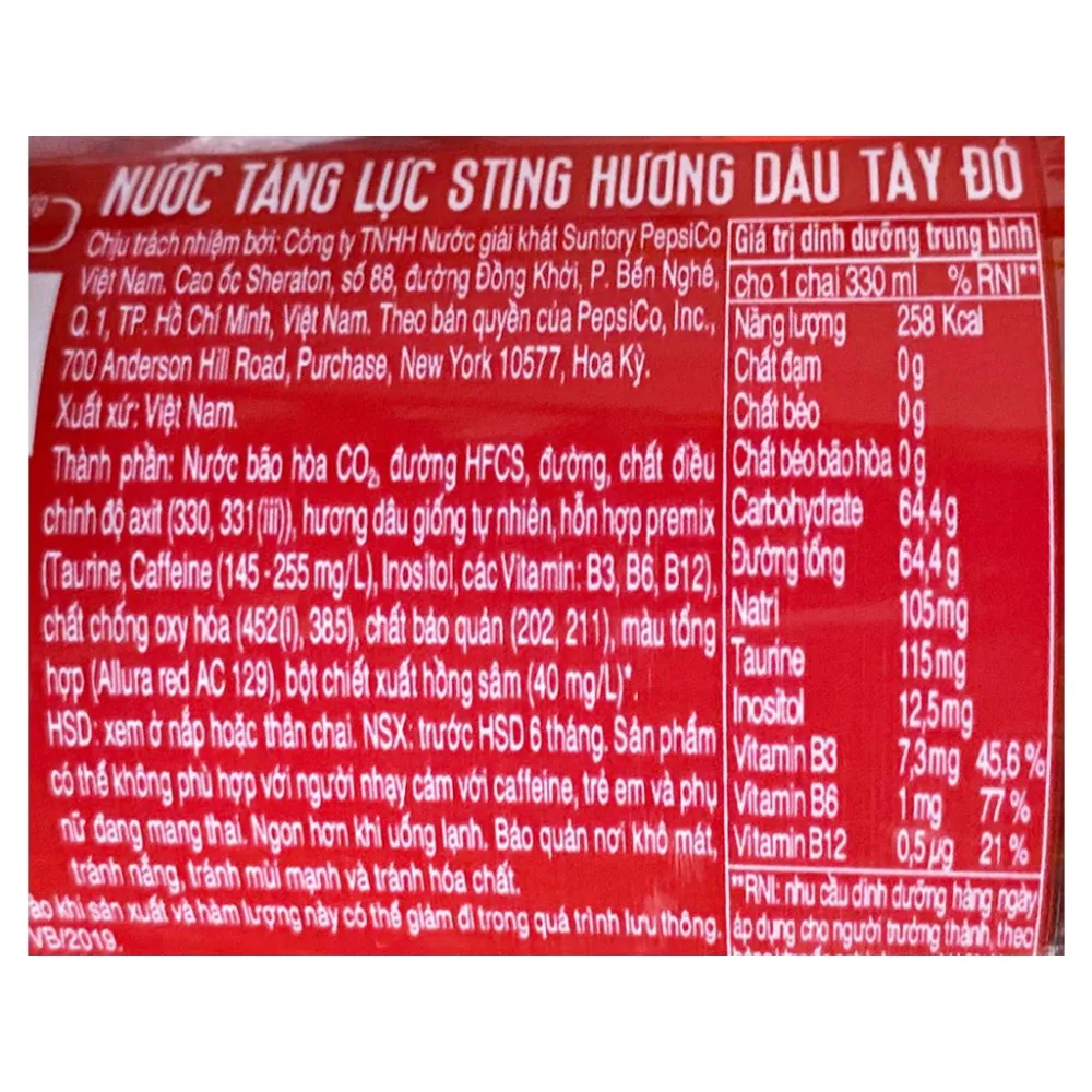 Lốc 6 chai nước tăng lực Sting hương dâu 500ml