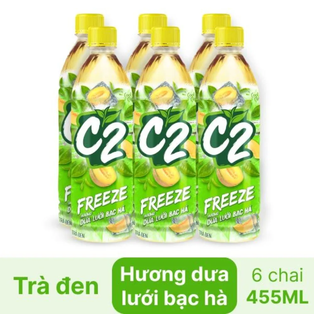 Lốc 6 chai trà đen C2 Freeze hương dưa lưới bạc hà 455ml