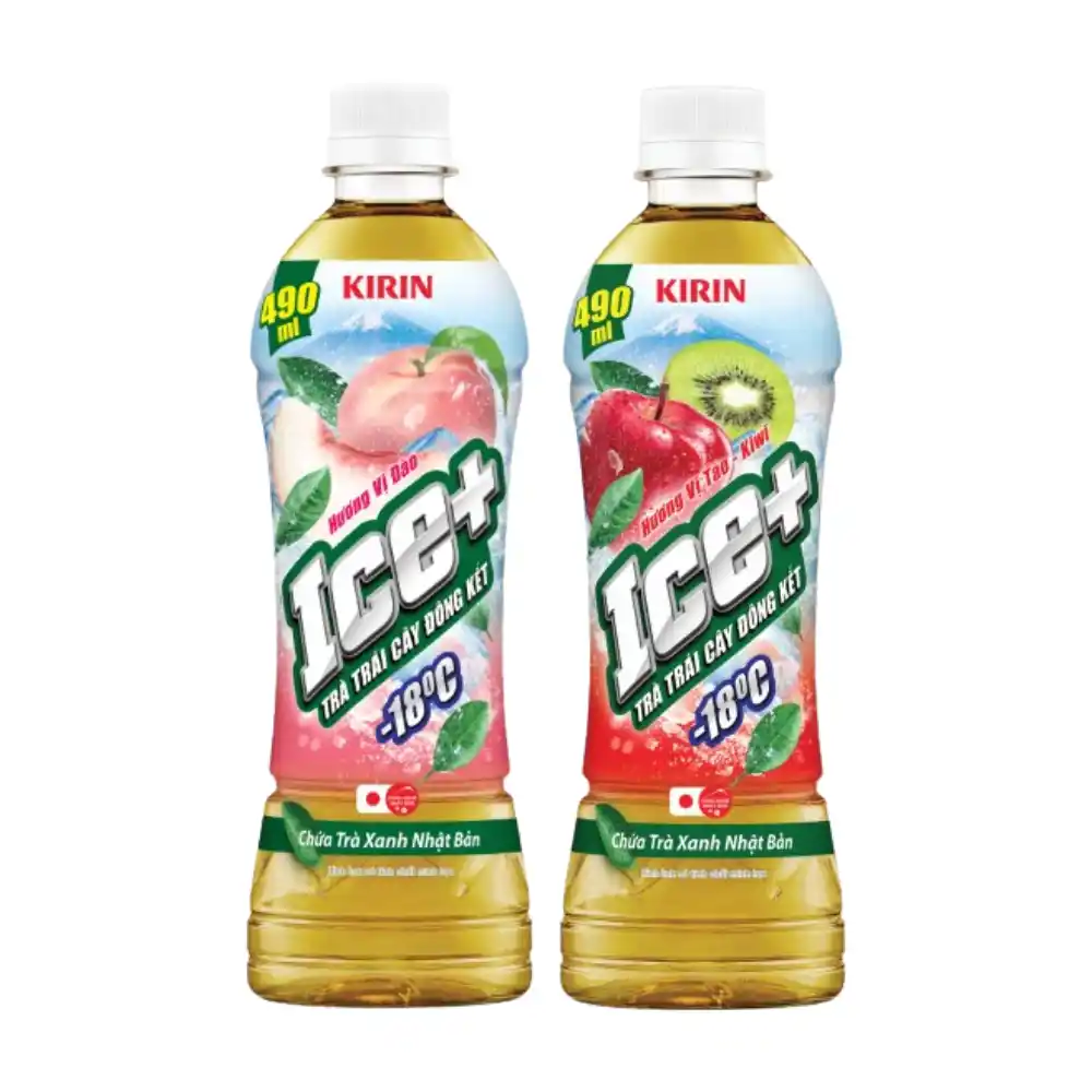 Lốc 6 chai trà trái cây đông kết -18 độ C Kirin Ice+ vị đào/táo/kiwi 490ml