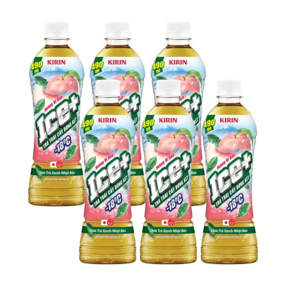 Lốc 6 chai trà trái cây đông kết -18 độ C Kirin Ice+ vị đào/táo/kiwi 490ml