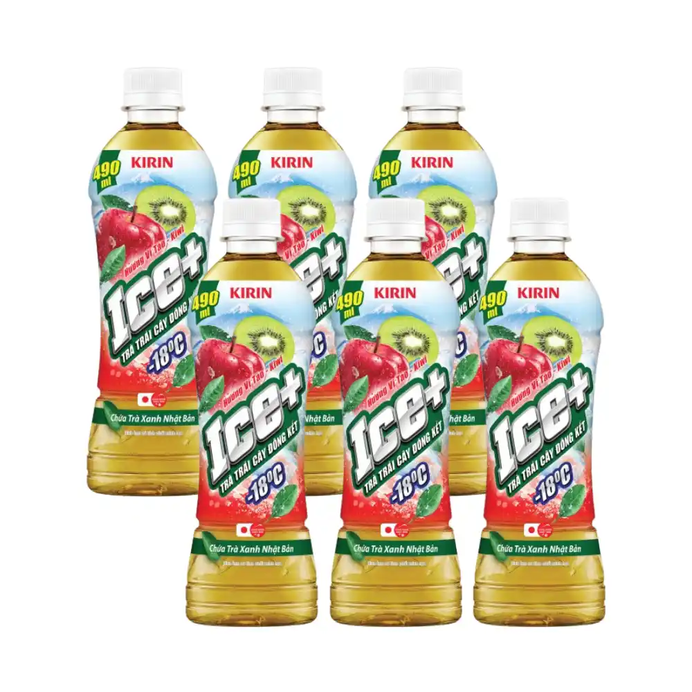 Lốc 6 chai trà trái cây đông kết -18 độ C Kirin Ice+ vị đào/táo/kiwi 490ml