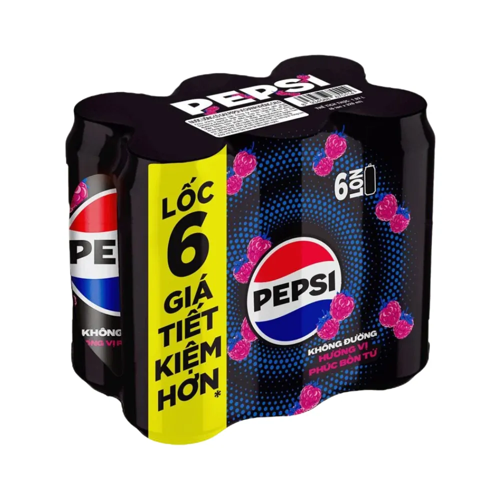 Lốc 6 lon nước  ngọt Pepsi không calo vị phúc bồn tử 320ml