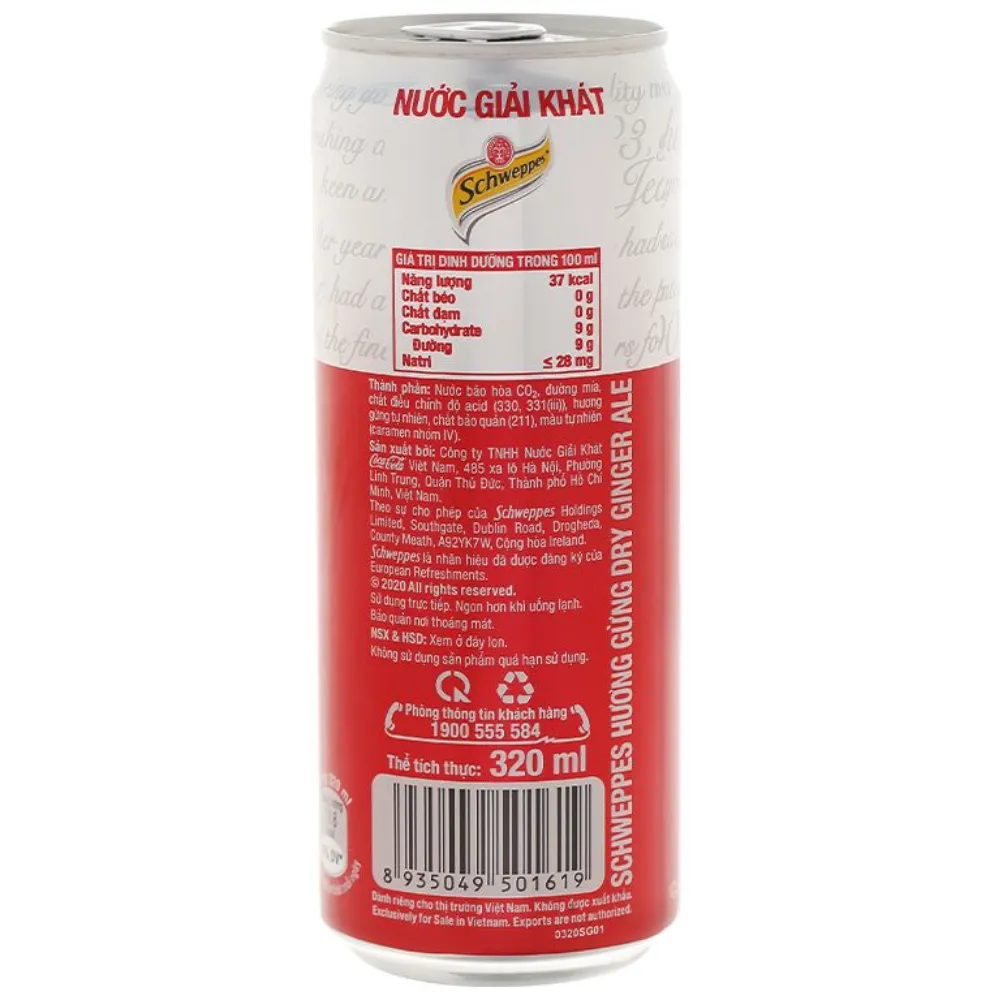 Lốc 6 lon nước soda Schweppes Dry Ginger Ale 320ml