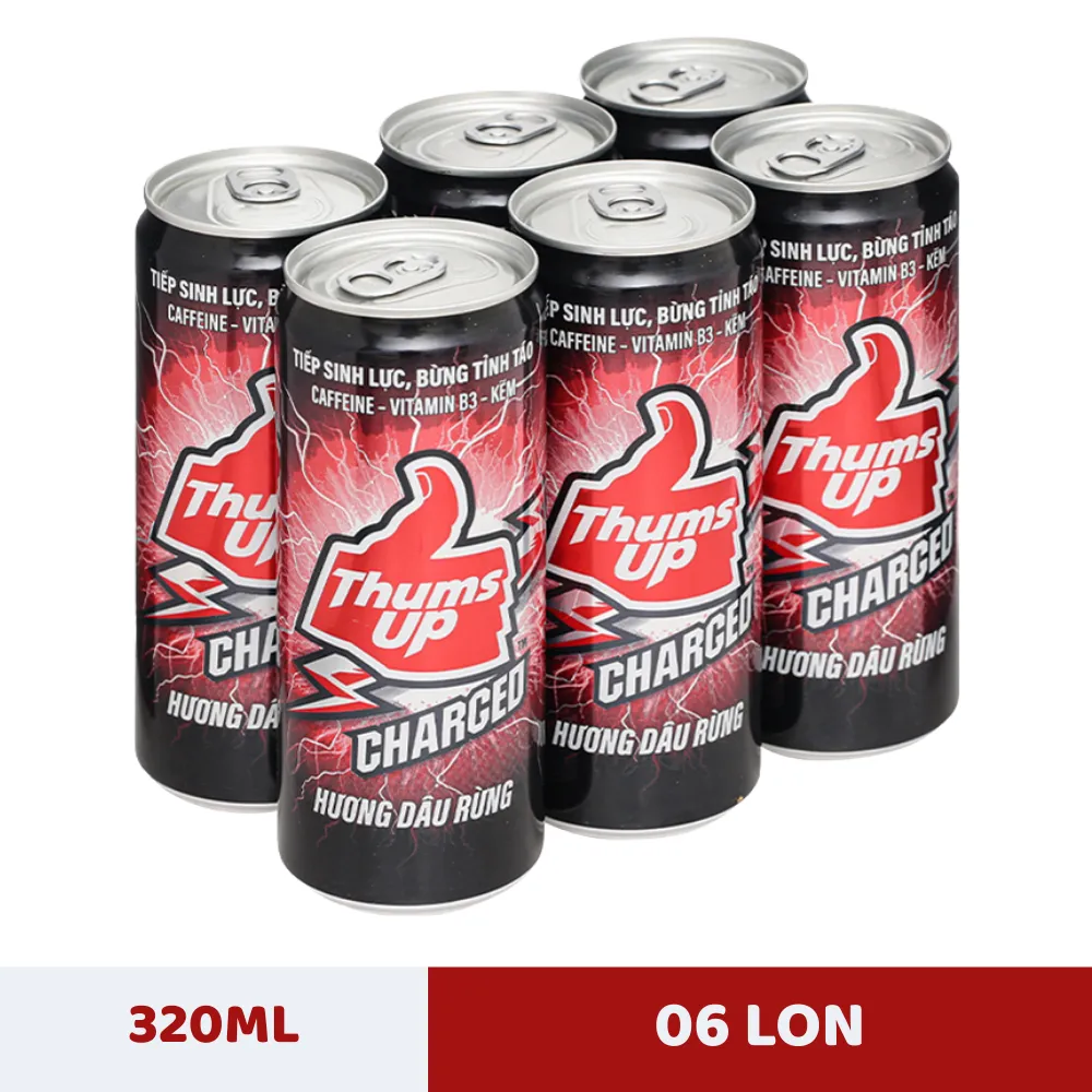Lốc 6 lon nước tăng lực Thums Up Charged hương dâu rừng 320ml