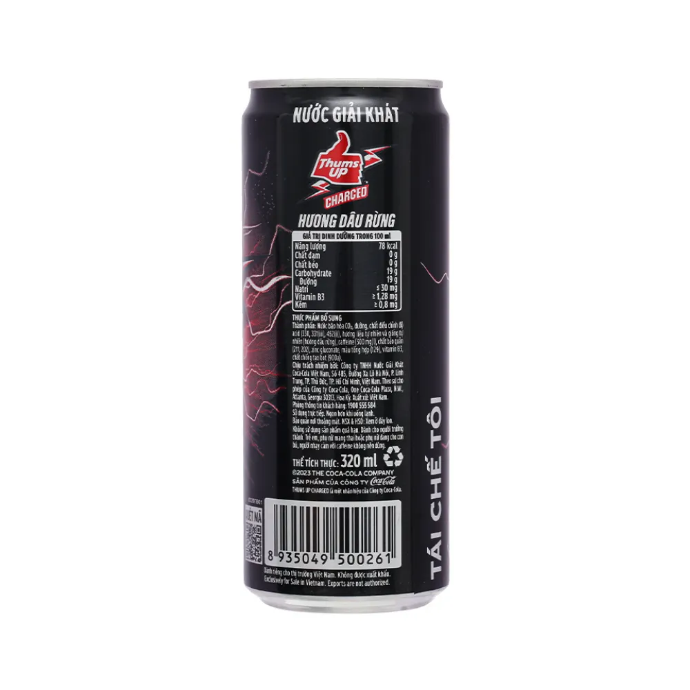 Lốc 6 lon nước tăng lực Thums Up Charged hương dâu rừng 320ml
