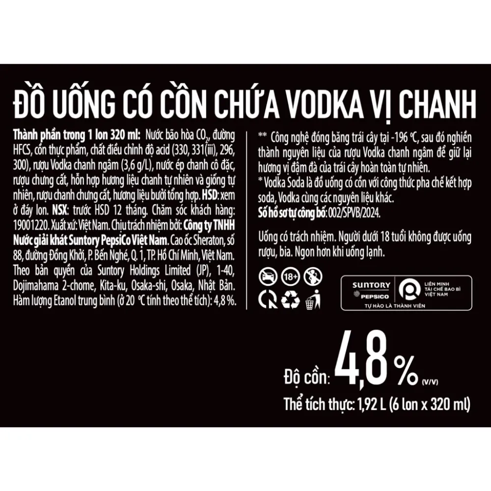 Lốc 6 lon nước uống có cồn -196 vodka voda vị chanh 320ml