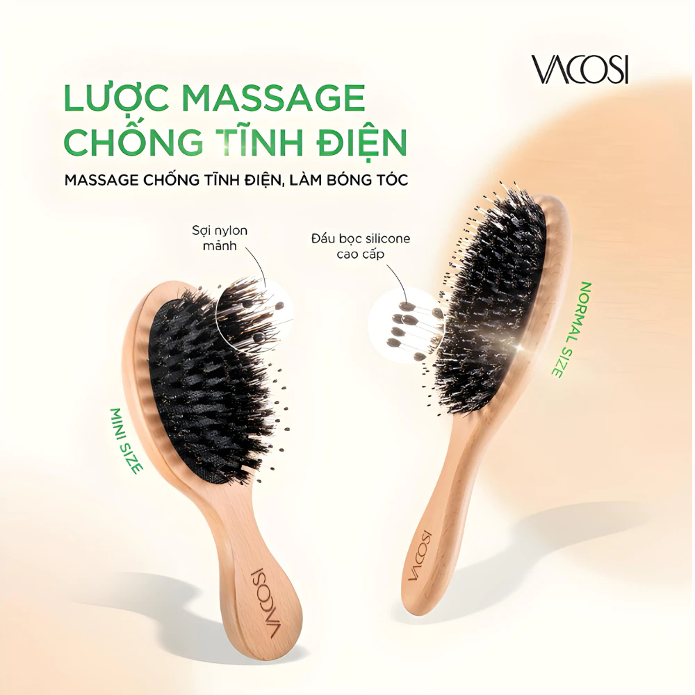 Lược gỗ VACOSI massage, ngăn tĩnh điện, làm bóng tóc C02