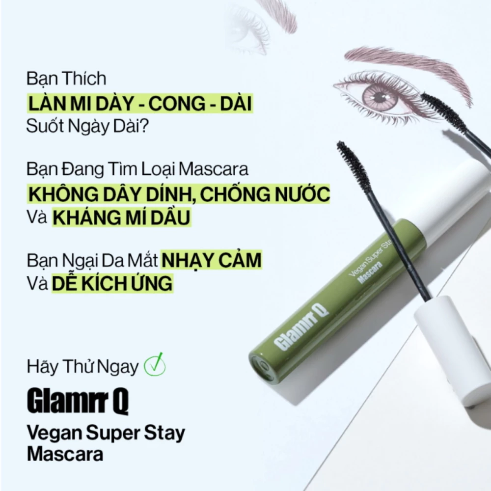 Mascara Glamrr Q làm cong, dài mi, lâu trôi, thuần chay 7g
