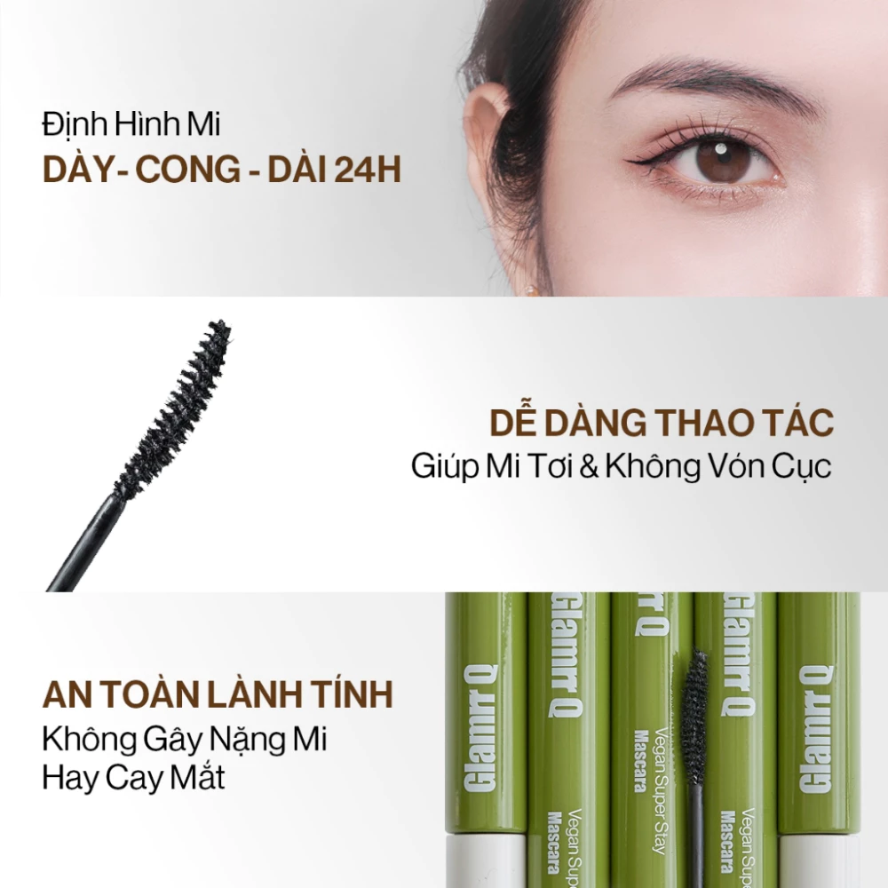 Mascara Glamrr Q làm cong, dài mi, lâu trôi, thuần chay 7g