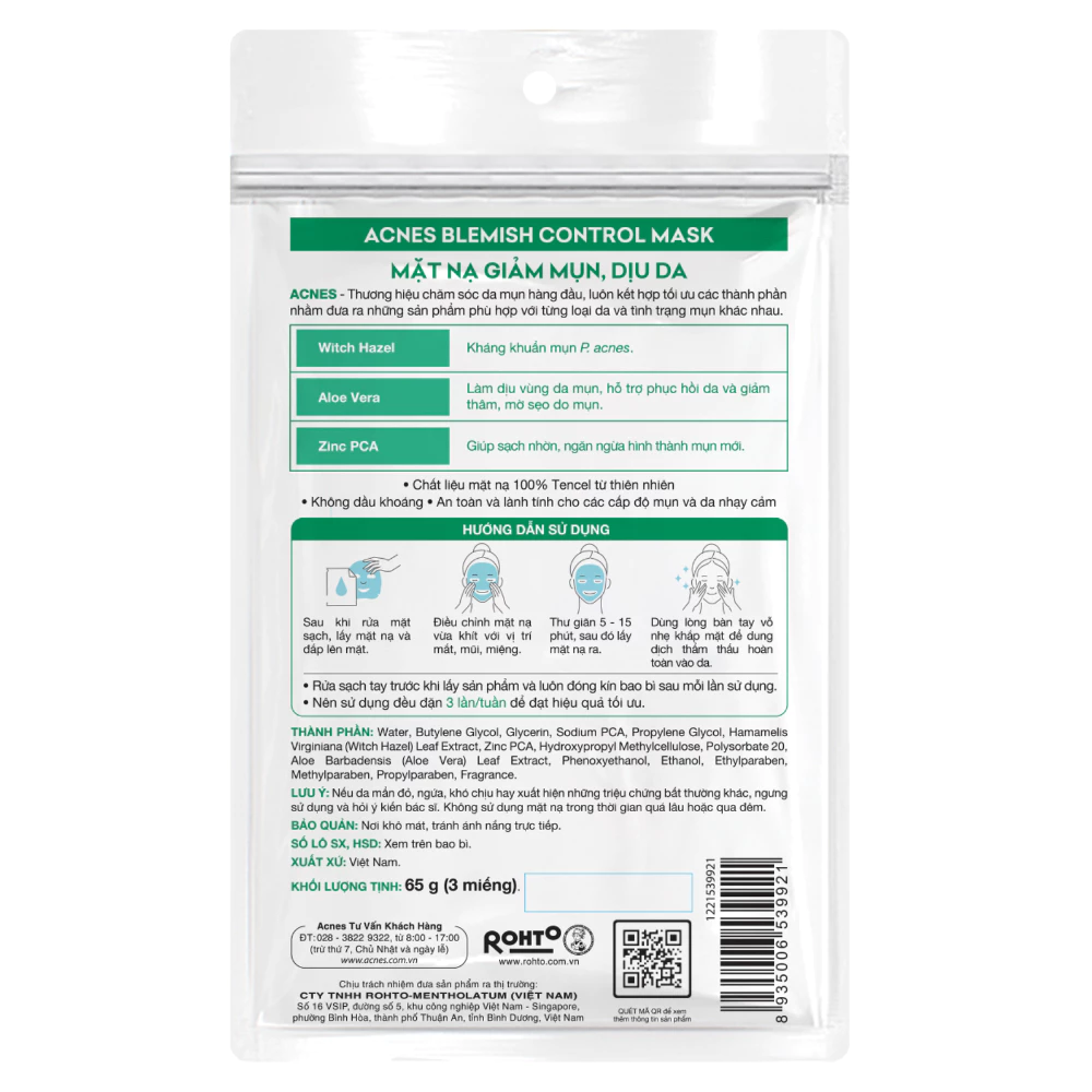 Mặt nạ Acnes giảm mụn, dịu da 65g (3 miếng)