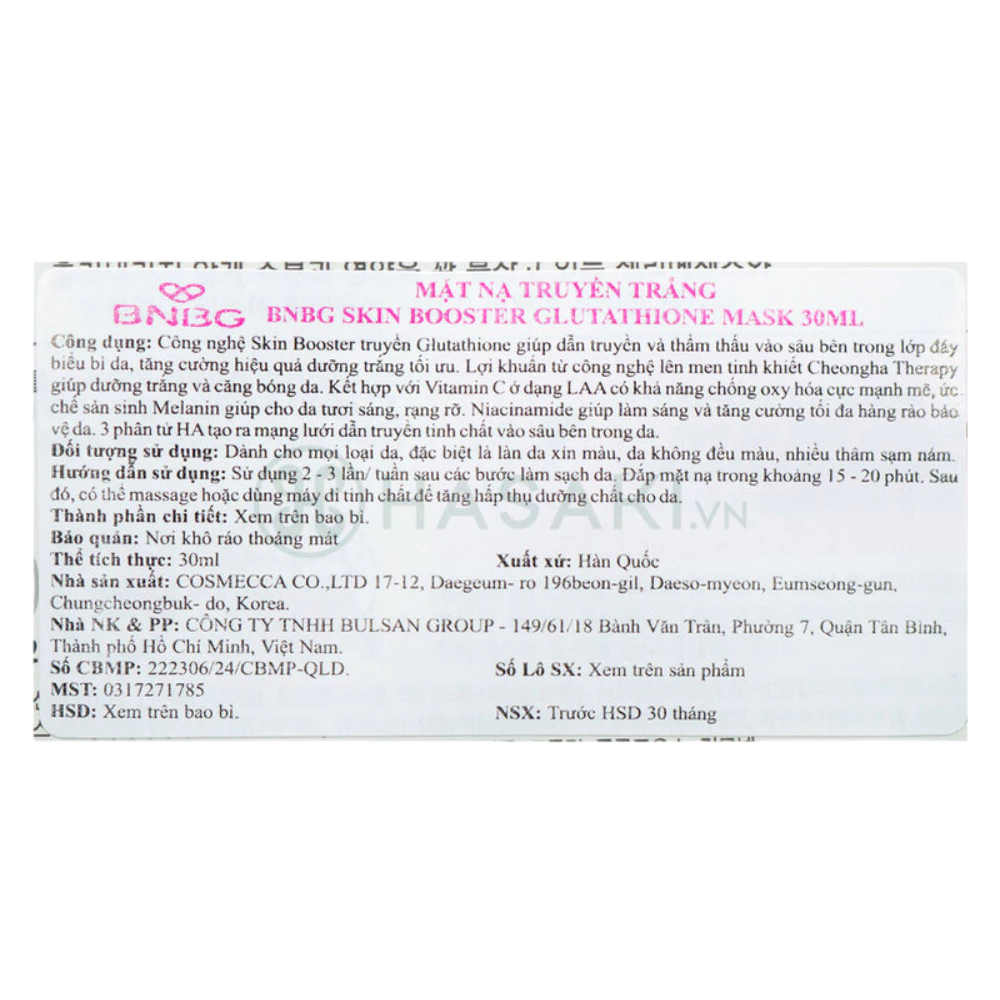 Mặt nạ BNBG Glutathione dưỡng sáng da 30ml