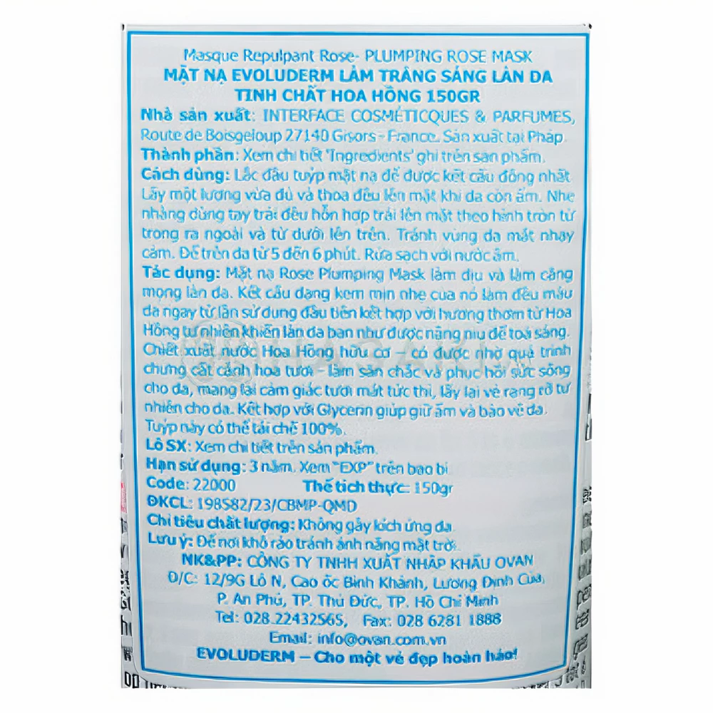 Mặt nạ Evoluderm tinh chất hoa Hồng dưỡng sáng da 150g