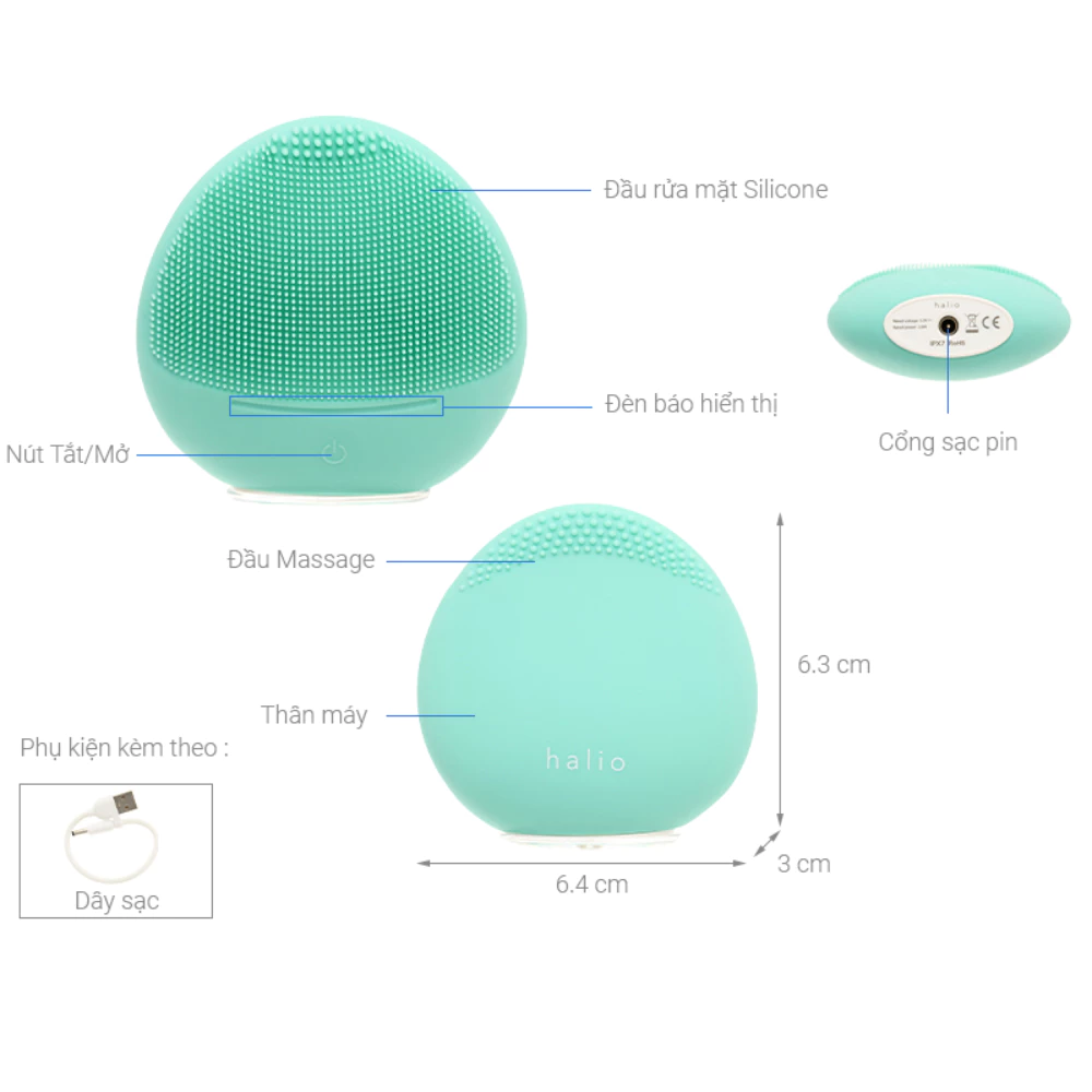 Máy rửa mặt Halio dành cho da nhạy cảm - màu xanh mint/màu hồng nhạt