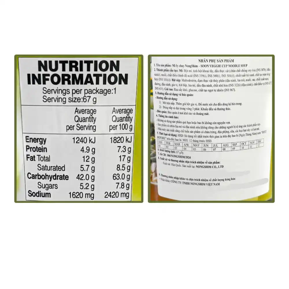 Mì chay Soon veggie Nongshim ly 67g