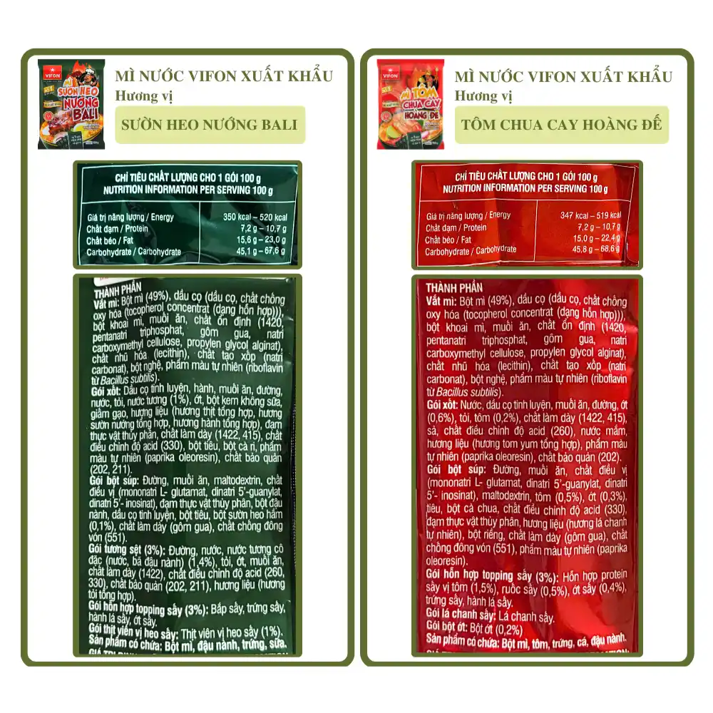 Mì trộn xuất khẩu Vifon vị tôm chua cay hoàng đế/sườn heo nướng Bali gói 180g