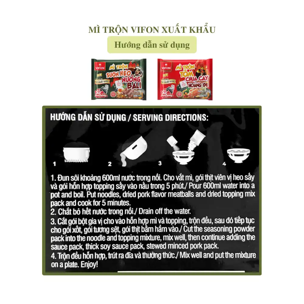 Mì trộn xuất khẩu Vifon vị tôm chua cay hoàng đế/sườn heo nướng Bali gói 180g