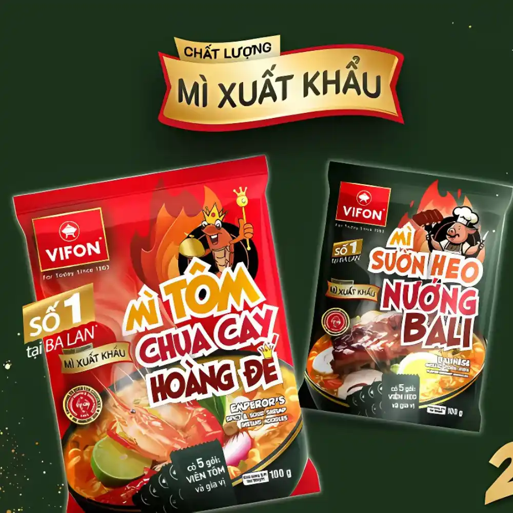 Mì trộn xuất khẩu Vifon vị tôm chua cay hoàng đế/sườn heo nướng Bali gói 180g