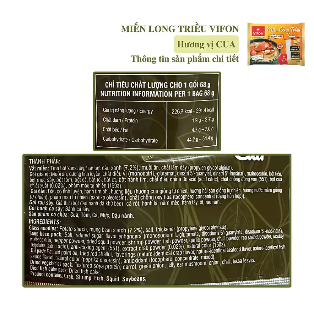 Miến sườn heo/cua Vifon Long Triều gói 68g (chất lượng xuất khẩu)