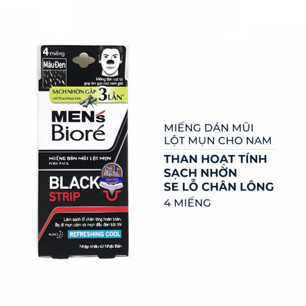 Miếng dán mũi lột mụn Bioré than hoạt tính/mát lạnh cho nam 4 miếng
