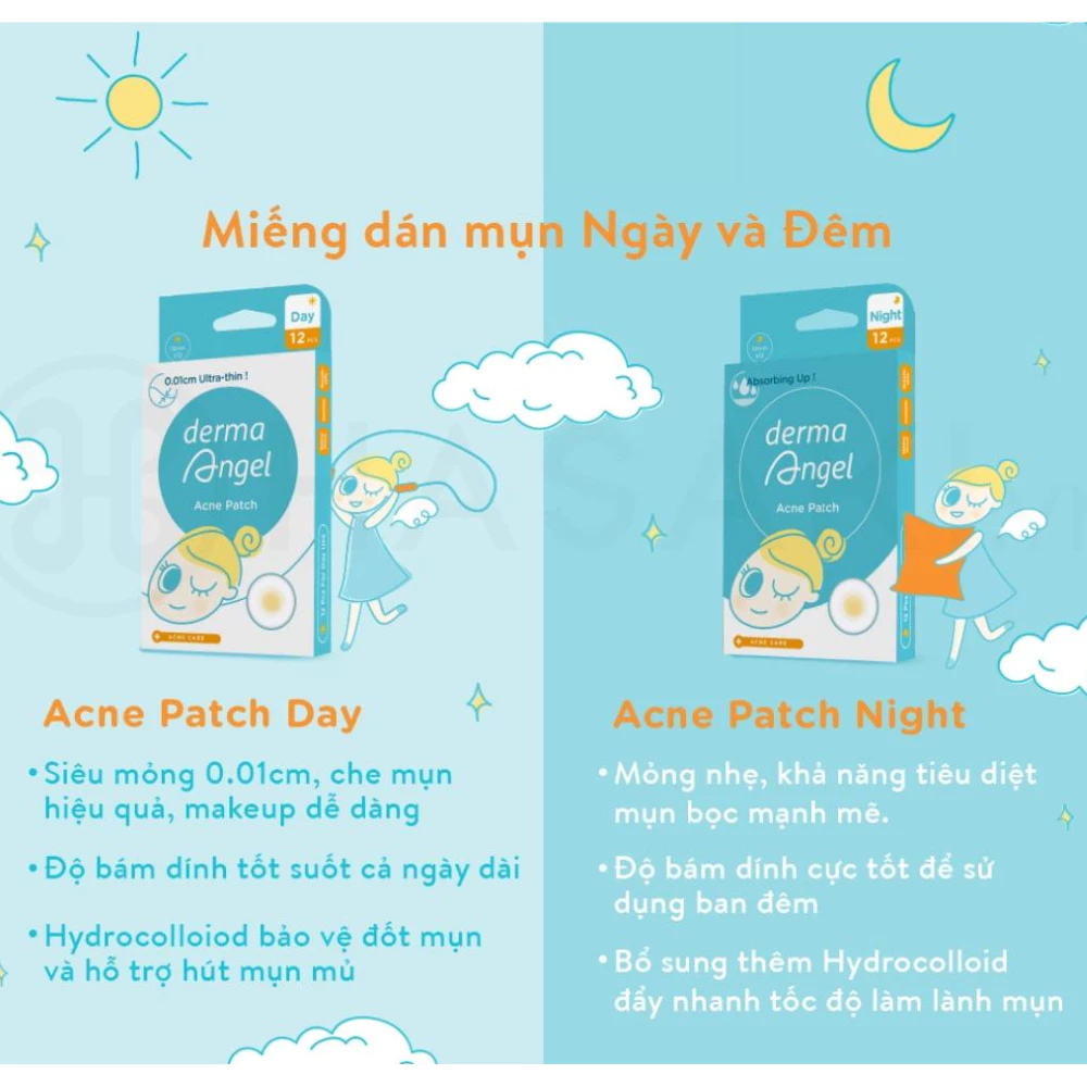 Miếng dán mụn Derma Angel dùng cho ngày & đêm 18 miếng và ngày/dêm 12 miếng