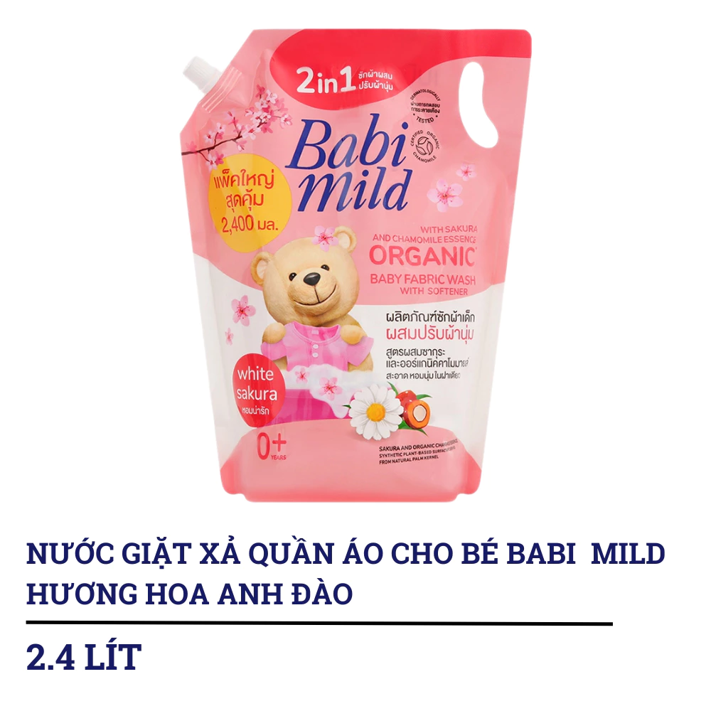Nước giặt xả quần áo cho bé Babi Mild hương hoa anh đào túi 2.4 lít