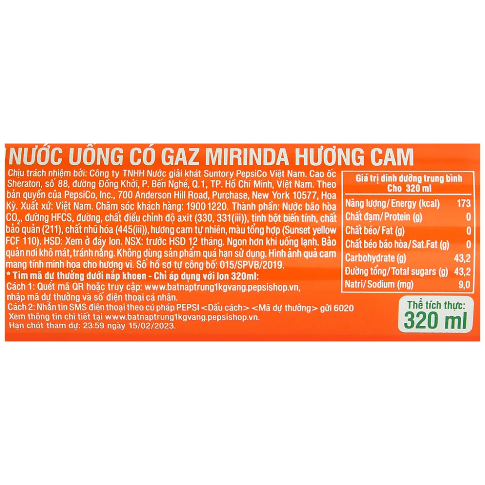 Lốc 6 lon nước ngọt Mirinda cam 320ml