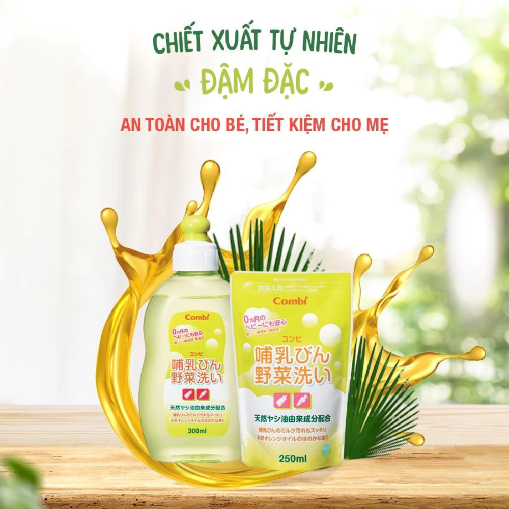 Nước rửa bình sữa và rau quả từ dầu cọ Combi (túi 250ml và 300ml)